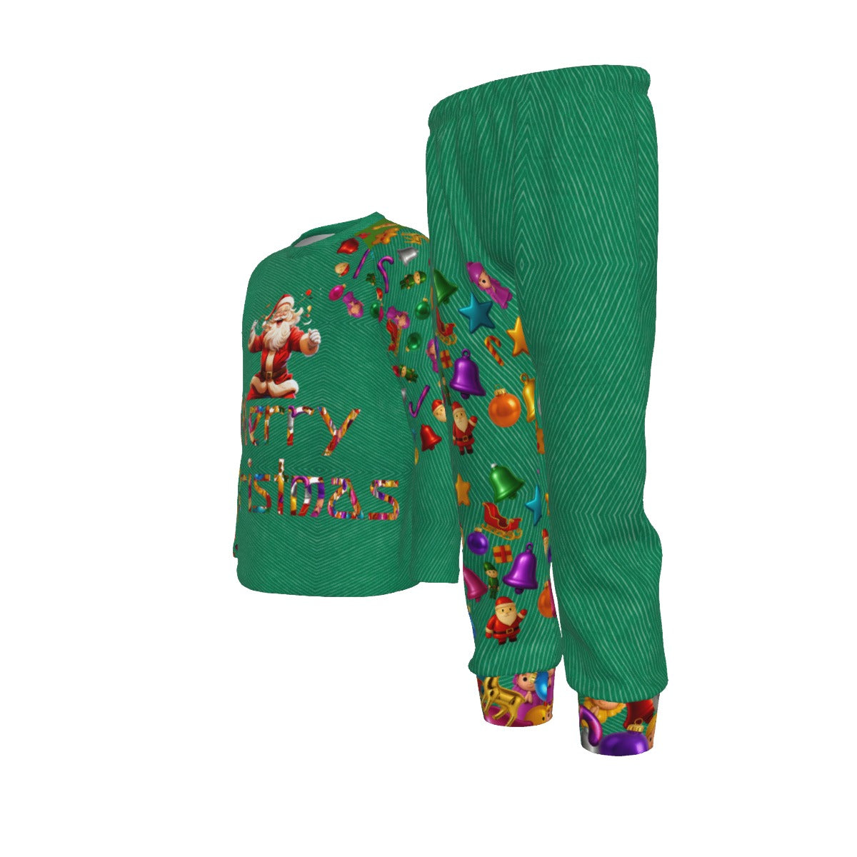 Kid's Knitted Fleece Christmas Set- pullover & pajamas. Unique Design in Christmas Green. WickedYo.